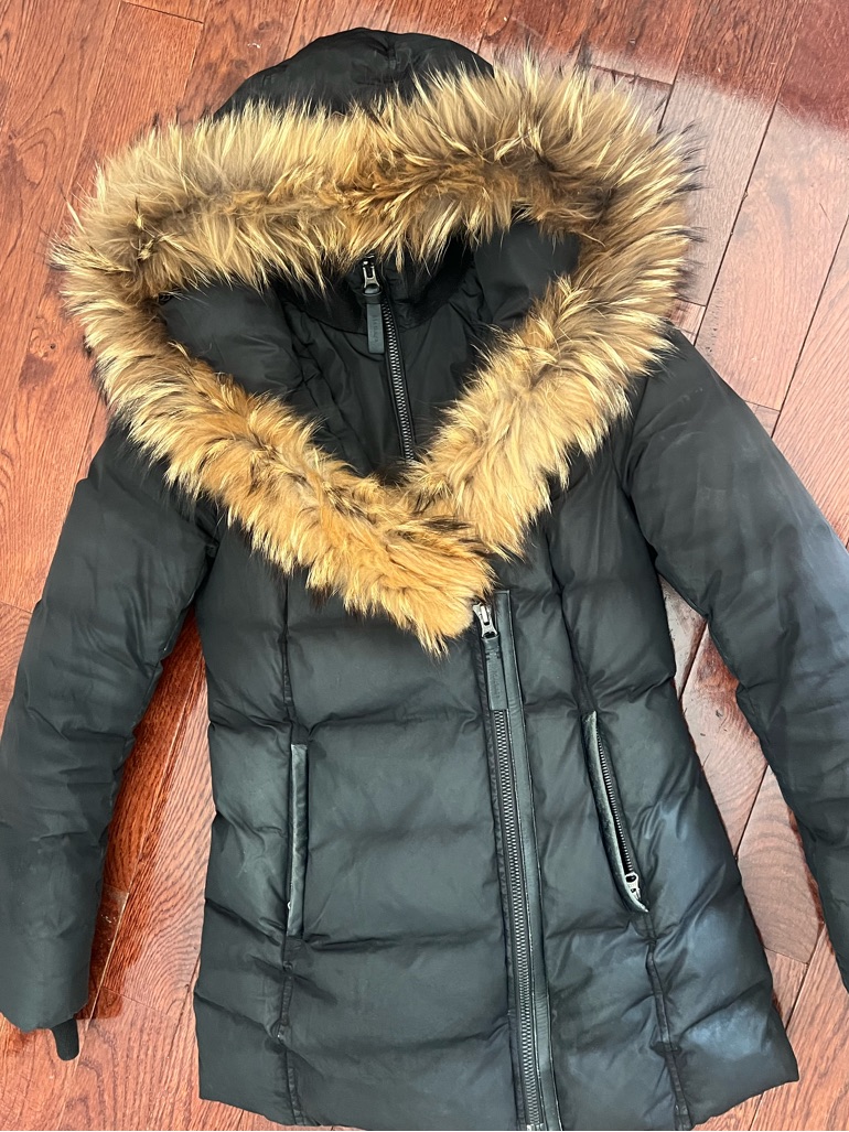 Mackage Black Puffer Coat With Brown Faux Fur Trim Hood